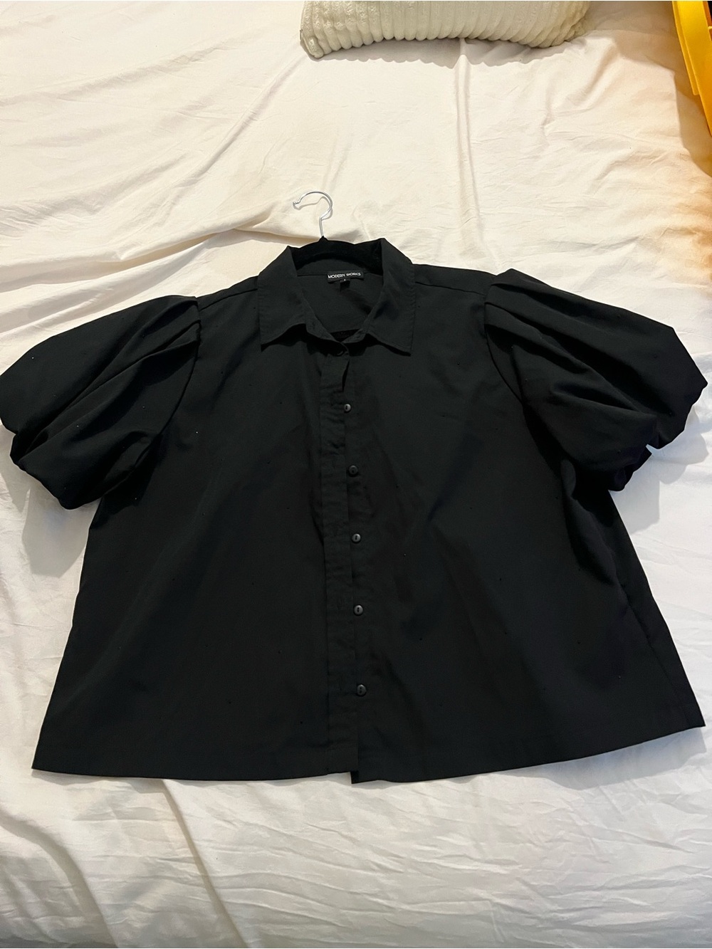 Puff-Sleeve Black Button-Down Shirt